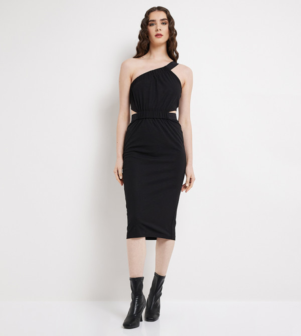 Asymmetric Shoulder Midi Dress