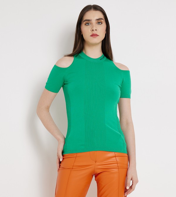 Cold Shoulder Logo Print Knitted Top