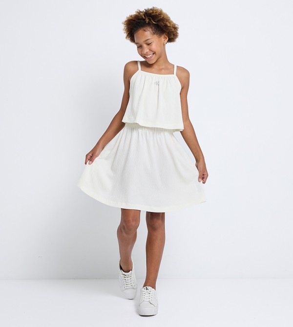 Logo Embroidered Crinkled Flared Dress