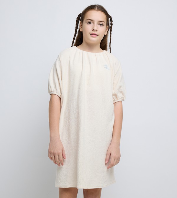 Logo Embroidered Crinkle Ceremonial Mini Dress