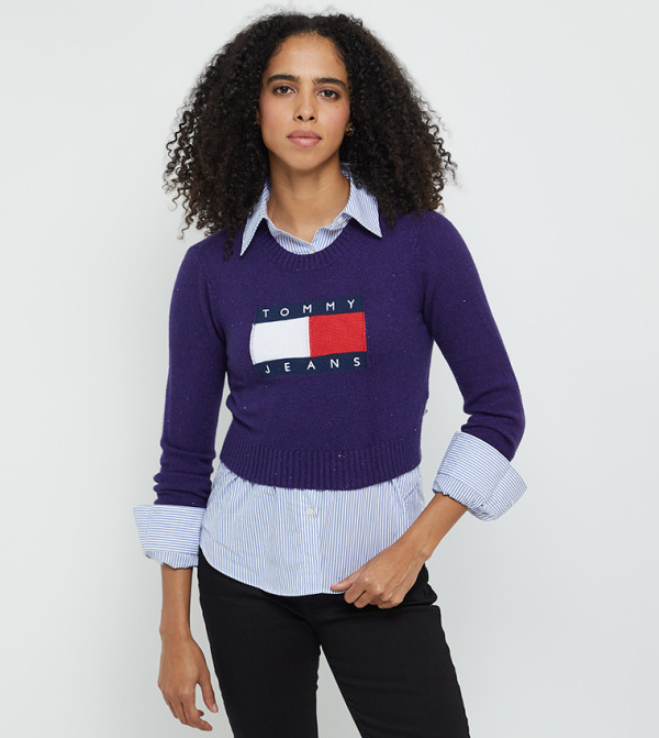 Flag Print Cropped Crew Neck Sweater