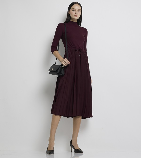 Ribbed Belted High Neck Midi Dress