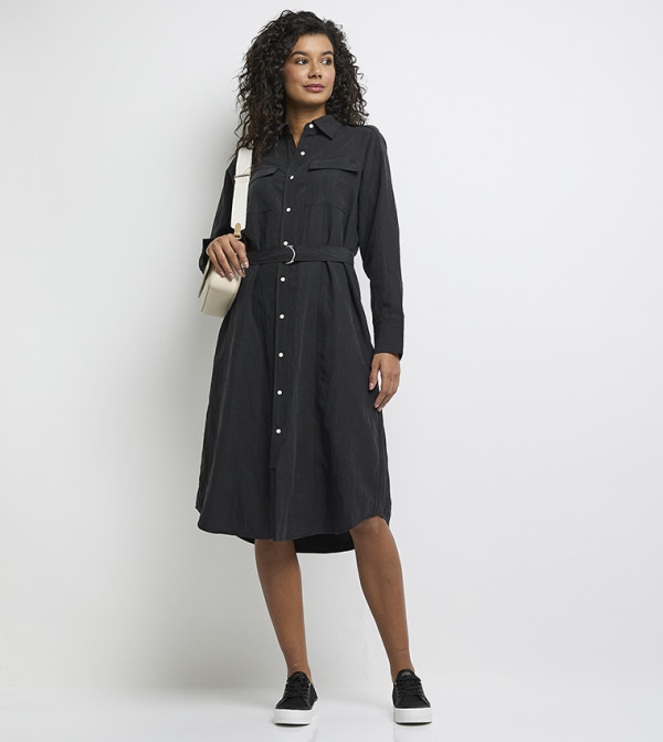 فستان قميص ميدي بحزام وكم طويل 