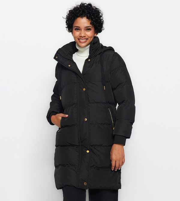 Women Black Quilted Hooded Puffer Jacket