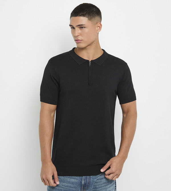 Solid Zipper Neck Polo T-Shirt