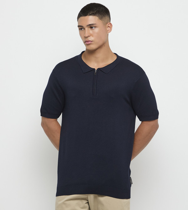 Solid Zipper Neck Polo T-Shirt