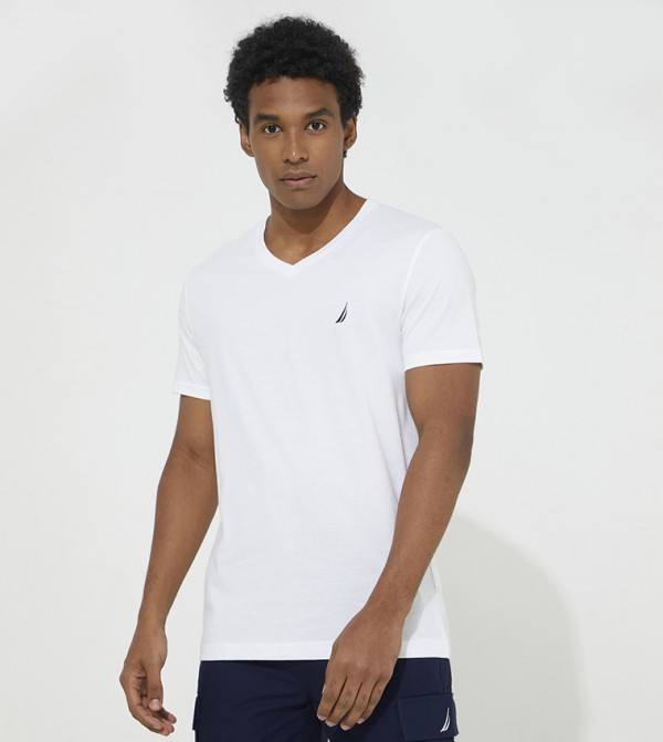 Solid Logo Embroidered V Neck T-Shirt