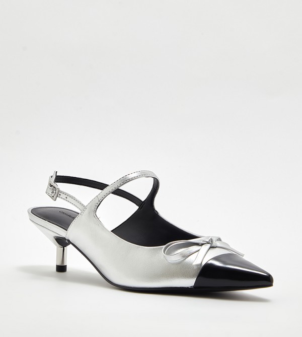 Metallic Bow Cap Toe Kitten Heel Slingback Pumps