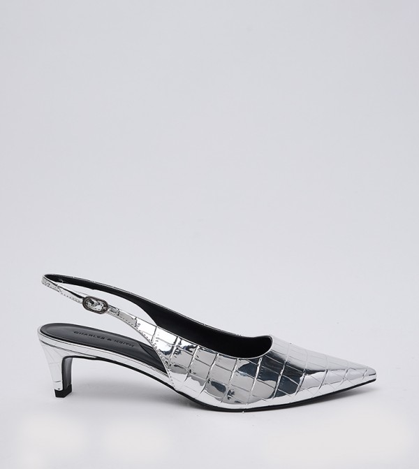 Croc Textured Pointed Toe Kitten Heel Slingback Pumps