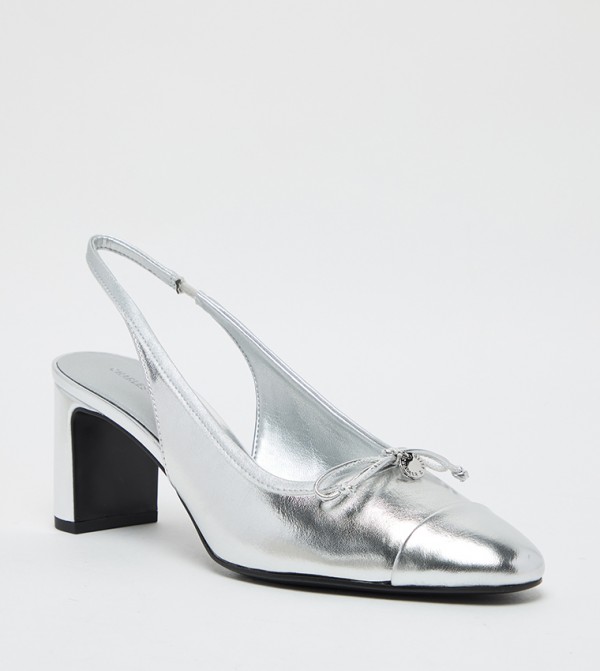Metallic Bow Detail Cap Toe Slingback Pumps