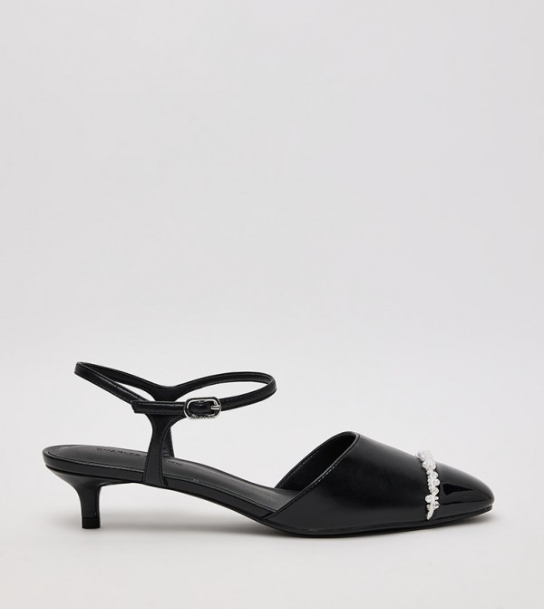 Pearl Embellished Cap Toe Kitten Heels