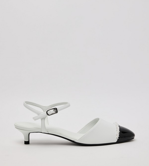 Pearl Embellished Cap Toe Kitten Heels