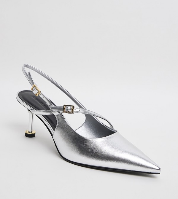 Metallic Sculptural Heel Slingback Pumps