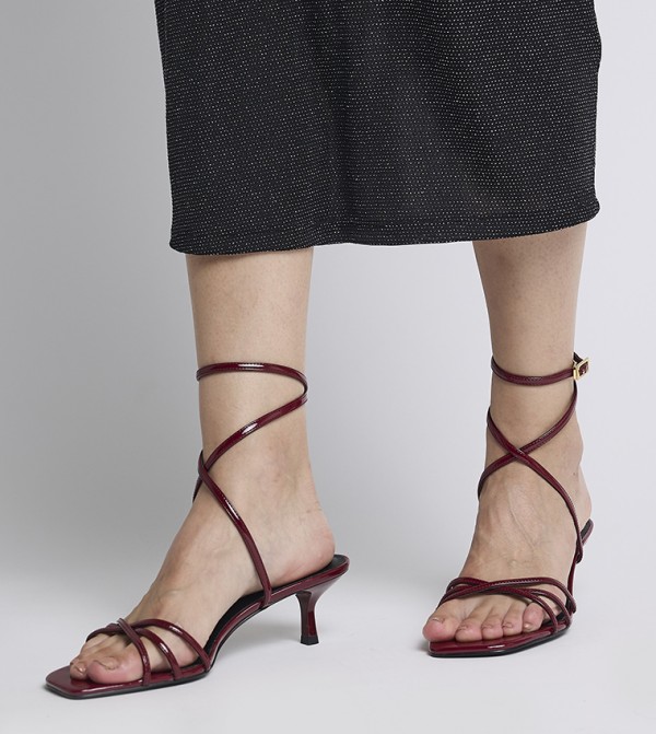 Patent Strappy Square-Toe Kitten-Heel Sandals