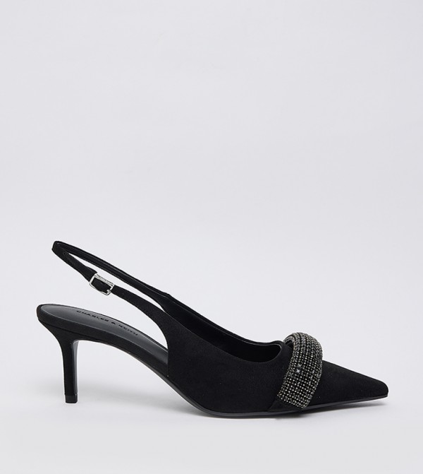 Faux Suede Embellished Pointed Toe Slingback Pumps 