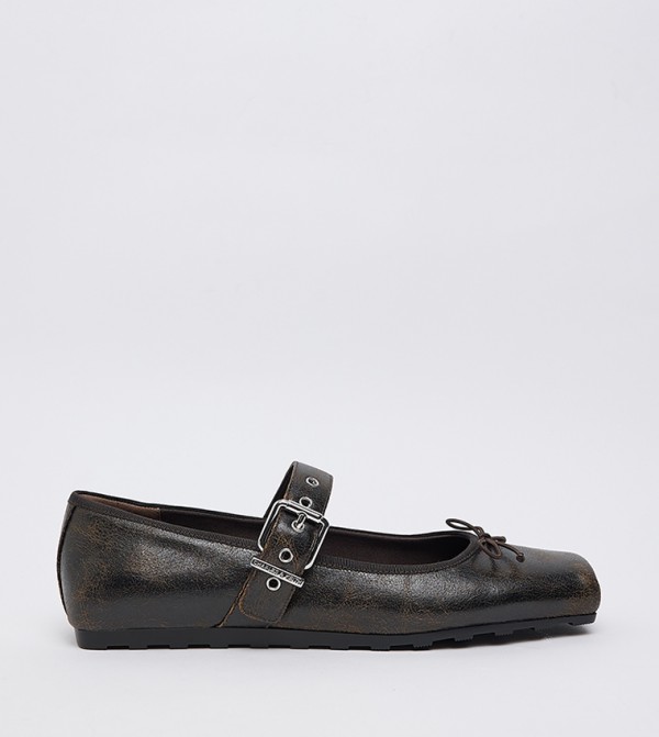 MYLER Textured Bow Detail Square Toe Mary Janes