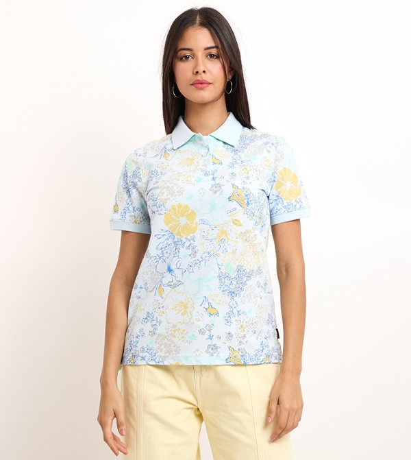 تيشيرت بولو بأكمام قصيرة وطبعة الأزهار 