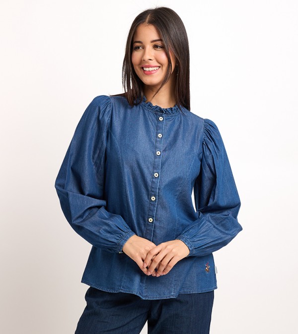Solid Balloon Sleeves Denim Shirt