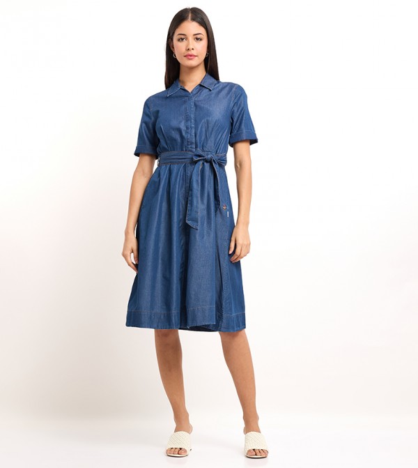 فستان ميدي جينز بأكمام قصيرة 