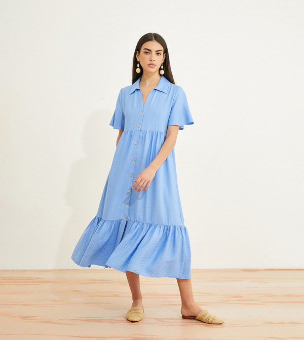 Stitch Detail Short Sleeves Shirt Dress