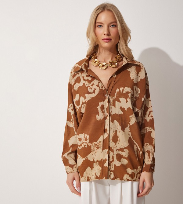 Patterned Long Sleeves Oversized Satin Shirt