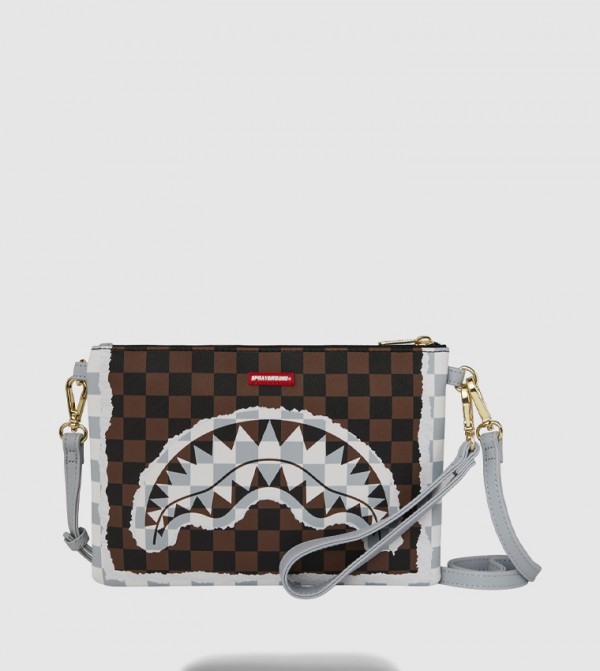 Cream And Brown Tear Check Crossover Clutch