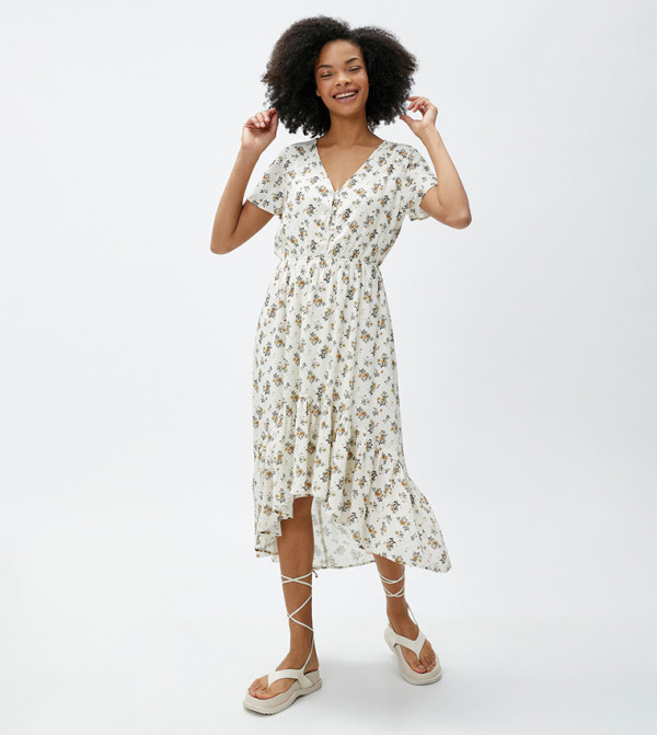 فستان ميدي بفتحة رقبة V وطبعة زهور