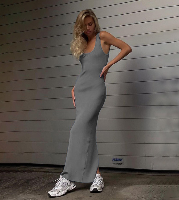 Square Neck Slit Maxi Dress Wine Red main image 1