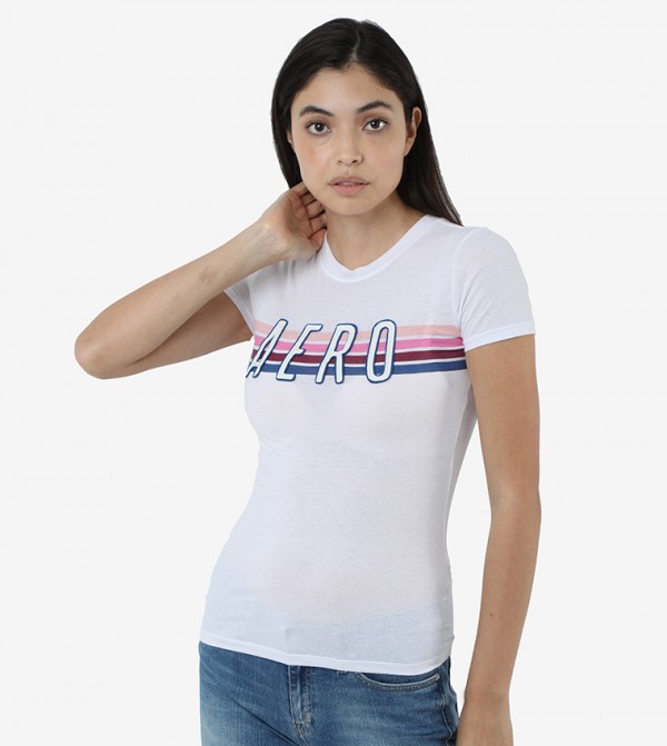 Aeropostale Womens Stripe Logo Embellished T-Shirt White Medium