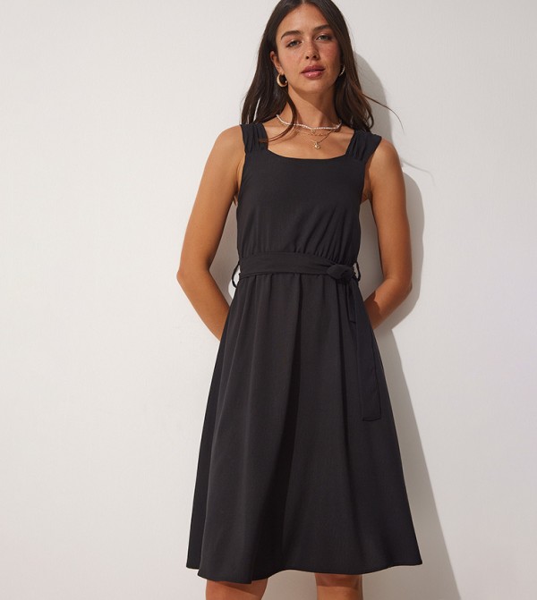 Waist Belt Square Neck Mini Dress