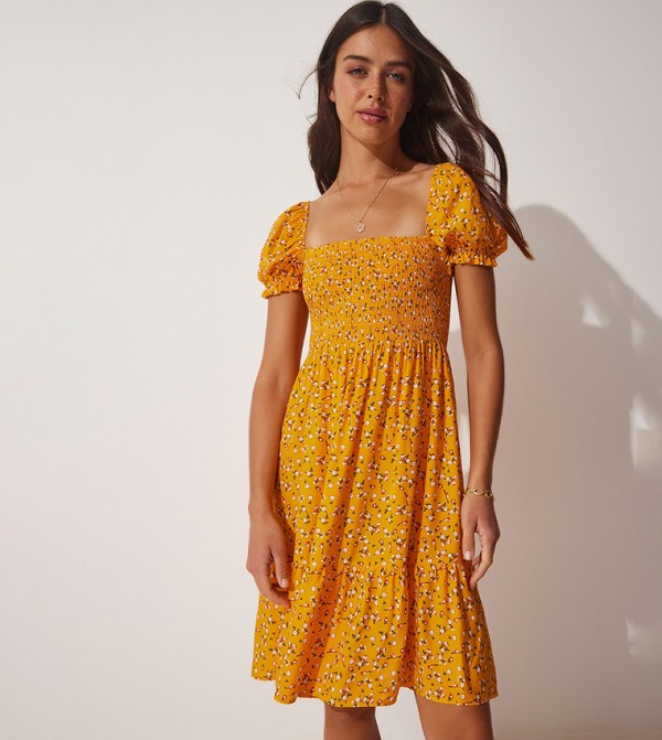 Printed Square Neck Pleated Dress