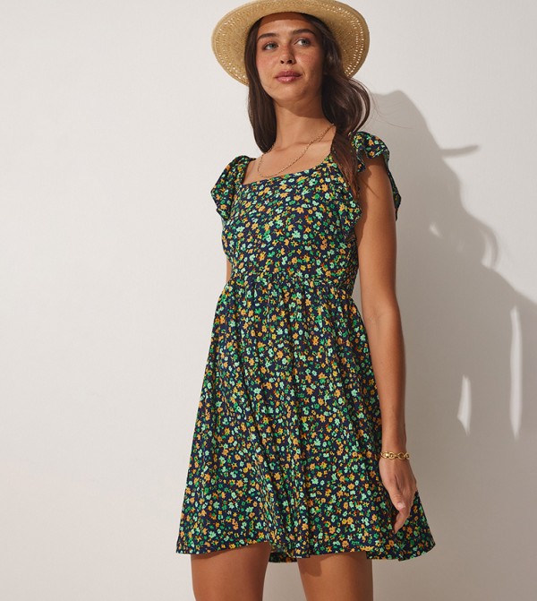 Floral Printed Square Neck Mini Dress