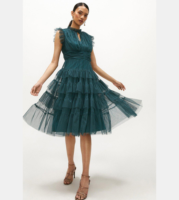Buy Coast Tulle Tiered Frill Sleeves Dress In Forest | 6thstreet Qatar