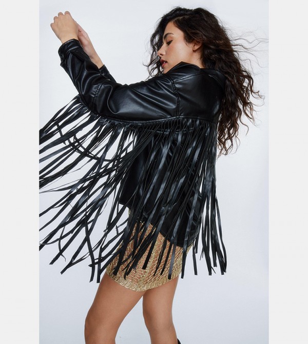 Faux leather fringe on sale jacket