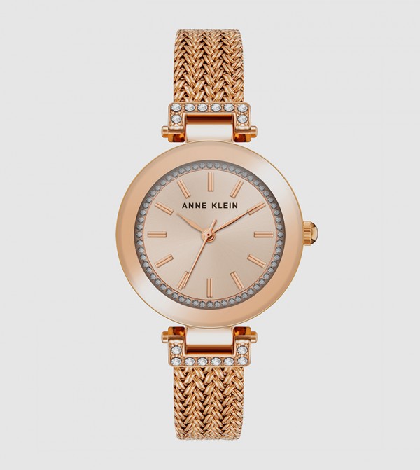 Crystal Accented Round Dial Watch with Mesh Strap