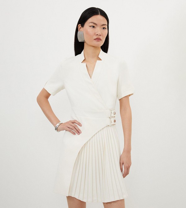 Tailored Military Pleat Notch Neck Wrap Mini Dress