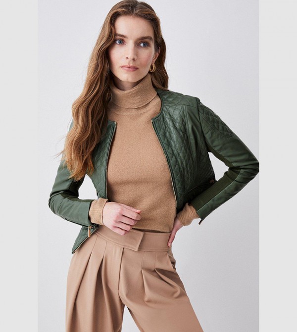 Buy Karen Millen Leather Quilted Biker Jacket In Khaki 6thStreet Kuwait