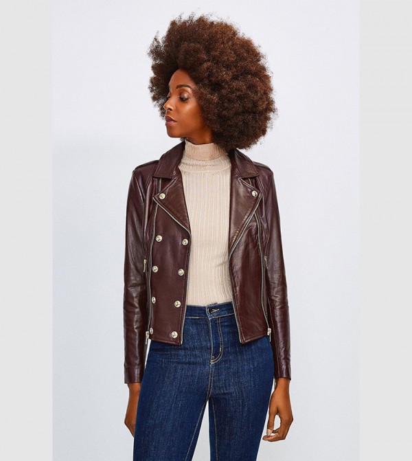 Buy Karen Millen Military Leather Biker Jacket In Purple 6thStreet UAE