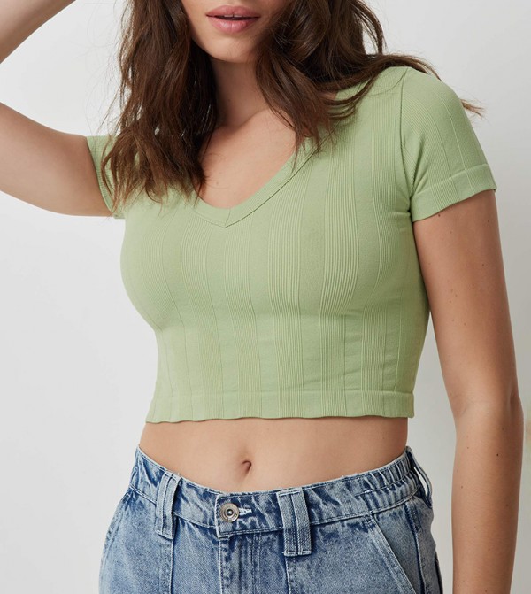 Ribbed V-Neck Cropped Top