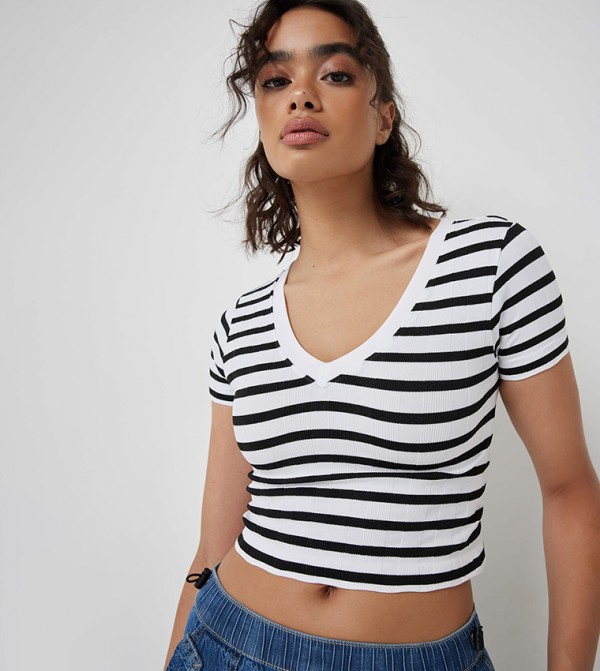 Striped V-Neck Cropped Top
