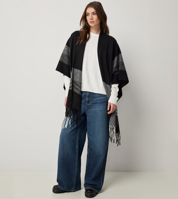 Checkered Fringe Trim Poncho