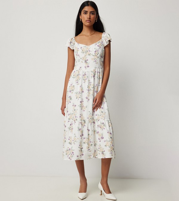 Floral Print Sweetheart Neck Midi Dress