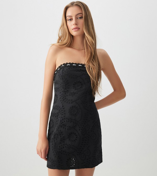 Schiffli Lace Trim Strapless Mini Dress