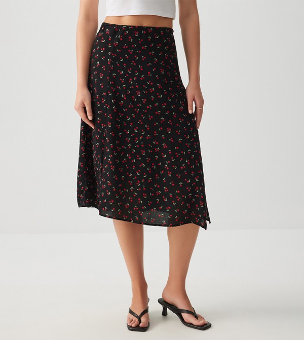 Floral Printed Midi Skirt with Slit