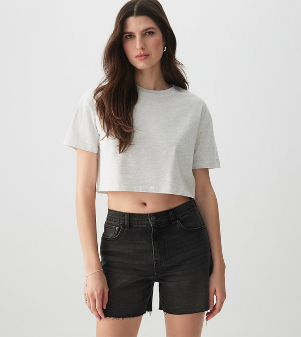 Solid Short Sleeves Boxy Crop T-Shirt