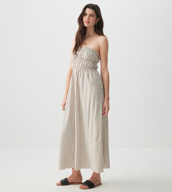 Striped Linen Blend Tube Maxi Dress