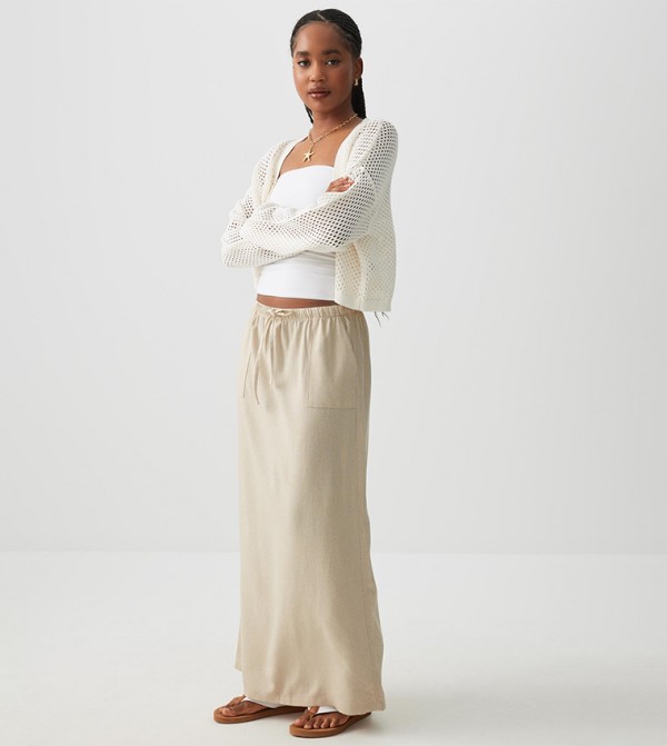 Drawstring Waist Linen Blend Maxi Skirt