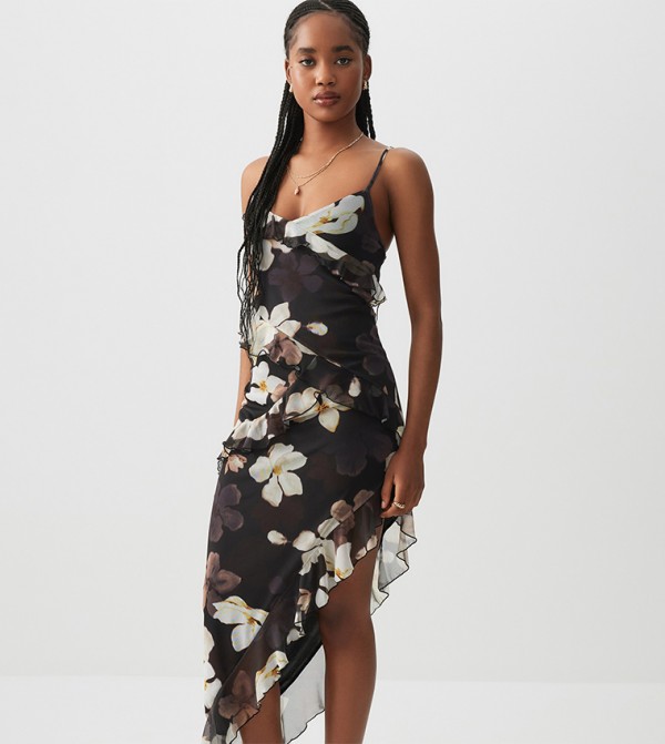 Floral Printed Asymmetric Ruffle Hem Midi Dress