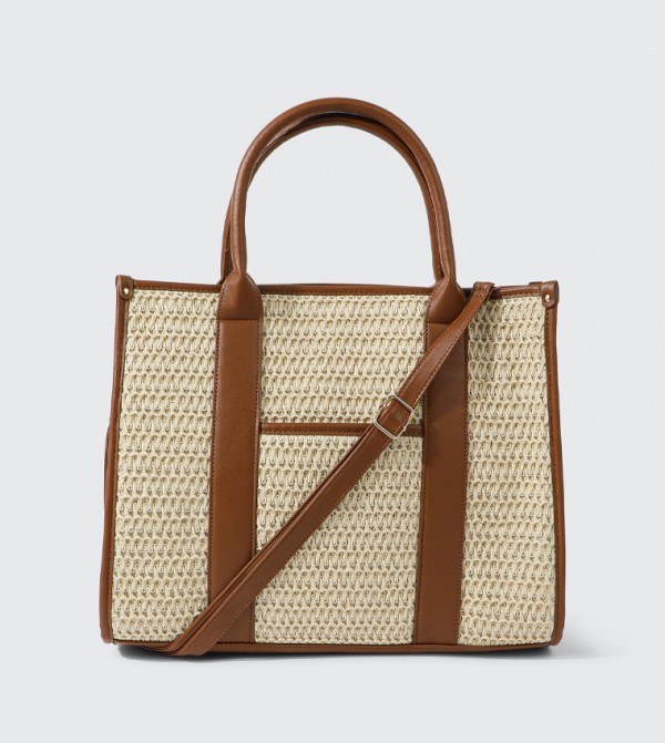 Contrast Trim Straw Satchel Bag