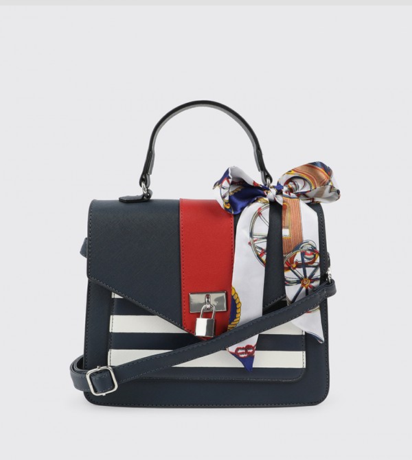 Color Block Top-Handle Bag with Scarf Detail